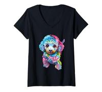 Femme Motif caniche coloré et rétro arc-en-ciel T-Shirt avec Col en V