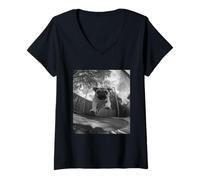 Femme Motif Carlin sautant sur Un Trampoline T-Shirt avec Col en V