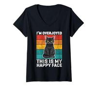Femme Motif Chat avec Inscription « I'm Overjoyed This is My Happy Face » T-Shirt avec Col en V