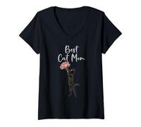 Femme Motif Chat Noir avec Inscription Best Cat Mom T-Shirt avec Col en V
