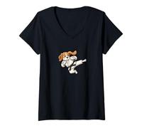 Femme Motif Chien Beagle Kung Fu Kick T-Shirt avec Col en V