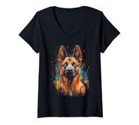 Femme Motif Chien Malinois Belge T-Shirt avec Col en V
