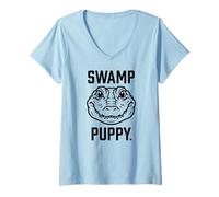 Femme Motif Chiot Marais avec tête d'alligator Mignonne T-Shirt avec Col en V