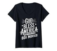 Femme Motif Citation Humoristique rétro God Bless America and 80s Movies T-Shirt avec Col en V