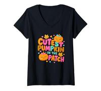 Femme Motif Citrouille la Plus Mignonne dans Le Patch Fall Kids T-Shirt avec Col en V