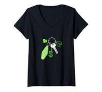 Femme Motif clés de réussite de Couleur Verte Amour Paix Argent Graphique T-Shirt avec Col en V