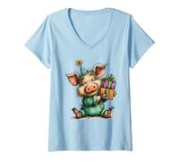 Femme Motif Cochon Heureux dans Un Chapeau de fête T-Shirt avec Col en V
