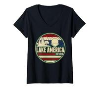 Femme Motif Coucher de Soleil rétro sur Le lac Amérique T-Shirt avec Col en V