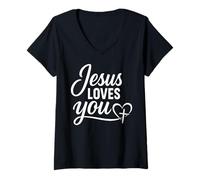 Femme Motif cœur chrétien « Jesus Loves You » T-Shirt avec Col en V