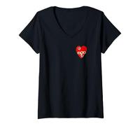 Femme Motif cœur Rouge avec Perforations déchirées T-Shirt avec Col en V