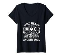 Femme Motif cœur Sauvage Ancient Soul Montagne Lune Soleil T-Shirt avec Col en V