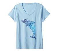 Femme Motif Dauphin Tribal océan Animal Bleu T-Shirt avec Col en V