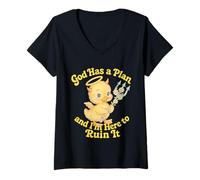Femme Motif de Canard chaotique Mignon avec Inscription « God Has a Plan » T-Shirt avec Col en V