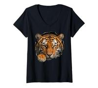 Femme Motif de Chat Sauvage avec Un Tigre Qui Traverse Un Trou déchiré T-Shirt avec Col en V