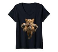 Femme Motif de Chat Sauvage Fierce Leaping Lionne T-Shirt avec Col en V