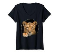 Femme Motif de Chat Sauvage représentant Une lionne Qui Traverse Un Trou déchiré T-Shirt avec Col en V