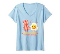 Femme Motif de Couple Mignon « Vous êtes Le Bacon pour Mes œufs » T-Shirt avec Col en V