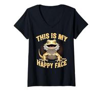 Femme Motif de dragon barbu « This Is My Happy Face » T-Shirt avec Col en V