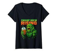 Femme Motif de Monstre de café Amusant Swamp Brew Rising T-Shirt avec Col en V