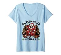 Femme Motif de Noël Festif surstimulé en Forme de Raton Laveur T-Shirt avec Col en V