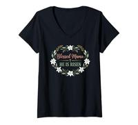 Femme Motif de Pâques chrétienne « Blessed Mama He is Risen » T-Shirt avec Col en V