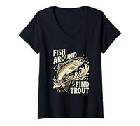 Femme Motif de pêche Amusant avec Poisson et Trouve la Truite T-Shirt avec Col en V