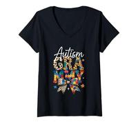 Femme Motif de Puzzle en Forme de nœud léopard rétro de Sensibilisation à l'Autisme aux Grammy T-Shirt avec Col en V