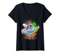 Femme Motif de Surf rétro au Coucher du Soleil à Myrtle Beach en Caroline du Sud T-Shirt avec Col en V