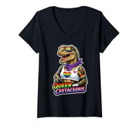 Femme Motif Dinosaure Arc-en-Ciel Queer et crétacé T-Shirt avec Col en V