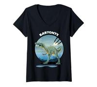 Femme Motif Dinosaure Baryonyx avec Fond T-Shirt avec Col en V