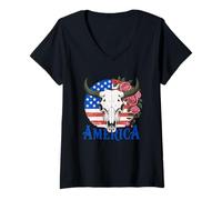 Femme Motif Drapeau américain Taureau crâne Roses T-Shirt avec Col en V