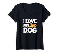 Femme Motif Empreintes de Pattes de Golden Retriever I Love My Dog T-Shirt avec Col en V