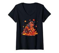 Femme Motif Feuilles d'automne pour Chiot T-Shirt avec Col en V