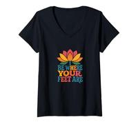 Femme Motif Fleur de Lotus « Be Where Your Feet are » T-Shirt avec Col en V