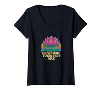 Femme Motif Fleur de Lotus « Be Where Your Feet are » T-Shirt avec Col en V