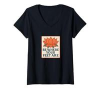 Femme Motif Fleur de Lotus « Be Where Your Feet are » T-Shirt avec Col en V