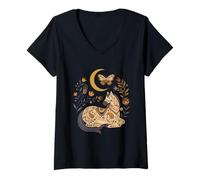 Femme Motif Floral bohème Cheval céleste Lune T-Shirt avec Col en V
