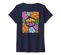 Femme Motif floral d'été rétro Happy Day T-Shirt avec Col en V