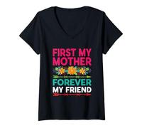 Femme Motif floral « First My Mother Forever My Friend » T-Shirt avec Col en V