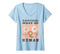 Femme Motif Floral rétro Emotions Make Us Human T-Shirt avec Col en V