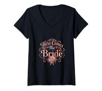 Femme Motif Floral rétro « Here Comes The Bride » T-Shirt avec Col en V