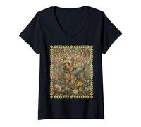 Femme Motif Floral Yorkshire Terrier Cottagecore T-Shirt avec Col en V