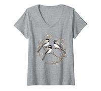 Femme Motif géométrique en mésange Noire - pour Amoureux des Oiseaux T-Shirt avec Col en V