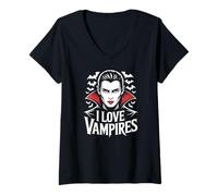 Femme Motif Gothique d'halloween « I Love Vampires » T-Shirt avec Col en V