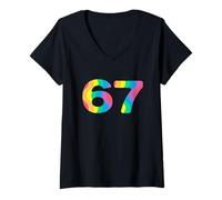 Femme Motif Graphique en Gras 67 Couleurs Arc-en-Ciel T-Shirt avec Col en V