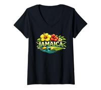 Femme Motif île Tropicale d'hibiscus de la Jamaïque T-Shirt avec Col en V