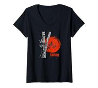 Femme Motif Japonais en Bambou et Soleil Levant T-Shirt avec Col en V