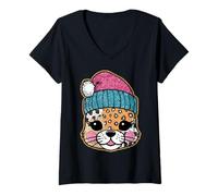 Femme Motif léopard Mignon avec Chapeau d'hiver pour Enfants T-Shirt avec Col en V