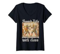 Femme Motif Livre d'Heures Bouhourt - Combat de Chevaliers & Fans T-Shirt avec Col en V