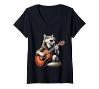 Femme Motif Loup Jouant de la Guitare T-Shirt avec Col en V